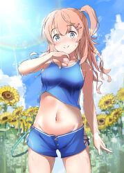 Rule 34 | 1girl, blue eyes, blue shorts, blue sky, blue tank top, boku to kanojo no onani life, closed mouth, cloud, cloudy sky, commentary request, cowboy shot, cropped shirt, day, flower, groin, hair ornament, hairclip, light brown hair, looking at viewer, medium hair, midriff, naomi (boku to kanojo no onani life), navel, open fly, outdoors, second-party source, short shorts, shorts, side-tie shorts, sky, smile, solo, spice mega, standing, sunflower, sunlight, sweat, tank top, white sister ram, wiping sweat, yumehiko