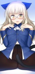 Rule 34 | 1girl, animal ears, black pantyhose, blonde hair, blush, cat ears, covering privates, covering crotch, crotch seam, glasses, highres, long hair, military, pantyhose, perrine h. clostermann, solo, spread legs, strike witches, suzume inui, tail, underwear, uniform, world witches series, yellow eyes