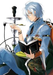 Rule 34 | 1boy, book, bow, bracelet, choker, glasses, hookah, japanese clothes, jewelry, long sleeves, looking at viewer, male focus, morichika rinnosuke, obi, open book, pants, puffy sleeves, sash, short hair, silver hair, simple background, sitting, solo, touhou, tsurukame, white background, wide sleeves, yellow eyes