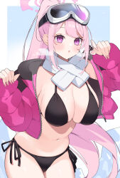 Rule 34 | 1girl, :o, bikini, black bikini, blue archive, breasts, eimi (blue archive), eimi (swimsuit) (blue archive), fingernails, goggles, goggles on head, halo, highres, jacket, large breasts, long hair, looking at viewer, navel, official alternate costume, open clothes, open jacket, pink eyes, pink hair, pink halo, pink jacket, ponytail, scarf, side-tie bikini bottom, solo, swimsuit, ute (perouthi), white scarf