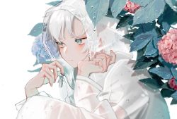 Rule 34 | 1boy, bad id, bad twitter id, blue eyes, blush, check copyright, closed mouth, commentary request, copyright request, flower, frown, grey hair, hands up, highres, hood, hood up, hydrangea, long sleeves, male focus, original, pink flower, plant, rain, raincoat, red flower, short hair, simple background, solo, upper body, vumiposu, water drop, white background