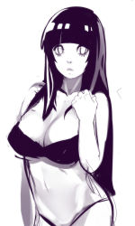 Rule 34 | 1girl, bikini, blunt bangs, breasts, cleavage, collarbone, cowboy shot, greyscale, hip bones, hyuuga hinata, large breasts, long hair, looking at viewer, monochrome, naruto, naruto (series), naruto shippuuden, navel, parted lips, sho-n-d, simple background, sketch, solo, swimsuit, white background