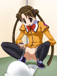 Rule 34 | 1girl, bathroom, black footwear, black thighhighs, bow, bowtie, brown eyes, brown hair, censored, double bun, hair bun, katase shima, kazume honpo, long hair, long sleeves, looking down, navel, no panties, open mouth, orange shirt, orange skirt, peeing, pussy, red bow, red bowtie, shirt, shoes, skirt, smile, spread legs, squat toilet, squatting, thighhighs, toilet, toilet use, twintails, uchuu no stellvia