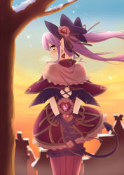 Rule 34 | 1girl, apyuto (shironeko project), arms behind back, bad id, bad pixiv id, blush, bow, dress, earrings, from behind, hair bow, heart, jewelry, kawagoe pochi, long hair, looking at viewer, looking back, purple hair, shironeko project, solo, tail, thighhighs, valentine, yellow eyes