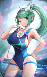 Rule 34 | 1girl, absurdres, alternate costume, breasts, chest jewel, duplicate, female focus, gem, gonzarez, green eyes, green hair, headpiece, highres, huge breasts, large breasts, long hair, matching hair/eyes, one-piece swimsuit, one eye closed, pixel-perfect duplicate, pneuma (xenoblade), ponytail, simple background, solo, swept bangs, swimsuit, tiara, very long hair, white background, wink, xenoblade chronicles (series), xenoblade chronicles 2