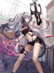 Rule 34 | 1girl, animal, animal ears, arknights, bare legs, black cat, black scarf, black shorts, bow (weapon), breasts, cat, cat ears, cat tail, commentary request, crop top, crossbow, feet out of frame, graffiti, hair over one eye, hand up, highres, holding, holding bow (weapon), holding crossbow, holding weapon, jacket, long hair, long sleeves, looking at viewer, medium breasts, midriff, navel, open clothes, open jacket, outdoors, parted lips, partial commentary, pouch, power lines, saikoro (et1312), scarf, schwarz (arknights), short shorts, shorts, silver hair, stairs, standing, stomach, tail, thigh strap, thighs, weapon, white jacket, yellow eyes