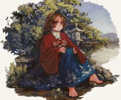 Rule 34 | 1girl, bad id, bad pixiv id, barefoot, brown eyes, brown hair, chinese clothes, feet, hanfu, haori, japanese clothes, long hair, long skirt, nature, original, pvmivs, sitting, skirt, smile, solo, tree