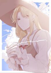 Rule 34 | 1girl, blonde hair, blue sky, border, brown headwear, brown vest, cloud, cloudy sky, collared shirt, cup, highres, holding, holding cup, jacket girl (dipp), laspberry., long hair, long sleeves, neck ribbon, outdoors, parted bangs, red ribbon, ribbon, shirt, sidelocks, sky, solo, touhou, upper body, vest, white border, white shirt, yellow eyes