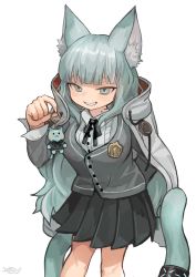 Rule 34 | 1girl, absurdres, animal ear fluff, animal ears, arknights, black ribbon, black skirt, buchi0122, cape, cat ears, cat girl, cat tail, charm (object), clenched teeth, collared shirt, commentary, feet out of frame, green eyes, green hair, grey sweater vest, grin, hand up, harmonie (arknights), highres, holding charm, infection monitor (arknights), long hair, looking at viewer, neck ribbon, parted lips, pleated skirt, ribbon, shirt, simple background, skirt, smile, smug, solo, sweater vest, tail, tail ornament, tail ring, teeth, uniform, white background, white cape, white shirt