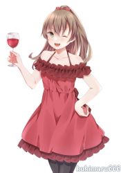 Rule 34 | 1girl, alcohol, alternate costume, black pantyhose, blush, brown hair, collarbone, commission, cup, dress, drinking glass, green eyes, hair between eyes, highres, holding, holding cup, kantai collection, kukimaru, kumano (kancolle), long hair, one eye closed, open mouth, pantyhose, ponytail, red dress, simple background, skeb commission, smile, solo, twitter username, white background, wine, wine glass