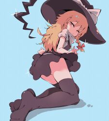 Rule 34 | 1girl, ass, black hat, black skirt, black thighhighs, black vest, blonde hair, blue background, blush, bow, braid, closed mouth, cookie (touhou), expressionless, full body, hair bow, hat, hat bow, highres, kirisame marisa, long hair, looking at viewer, looking back, medium bangs, no shoes, one eye closed, puffy short sleeves, puffy sleeves, red eyes, rikadai, shirt, short sleeves, side braid, simple background, single braid, skirt, soles, solo, suzu (cookie), thighhighs, touhou, unusually open eyes, vest, white bow, white shirt, witch hat