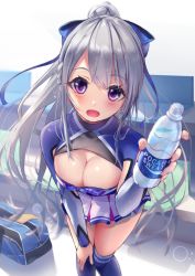 Rule 34 | 1girl, 200f (nifu), absurdres, arm on knee, armpit cutout, azur lane, bag, blue thighhighs, bottle, braid, breasts, casablanca (azur lane), casablanca (cheer squad on break) (azur lane), cheerleader, cleavage cutout, clothing cutout, commentary request, full body, grey leotard, high ponytail, highres, kneehighs, large breasts, leaning forward, leotard, leotard under clothes, long hair, multicolored clothes, multicolored skirt, open mouth, outdoors, pleated skirt, purple eyes, ribbed legwear, shiny skin, side braid, silver hair, skirt, socks, tennis court, thighhighs, towel, two-tone skirt, water bottle