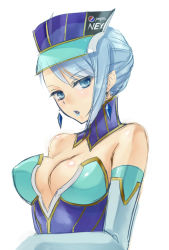 Rule 34 | 10s, 1girl, :o, bad id, bad pixiv id, bare shoulders, blue hair, blue rose (tiger &amp; bunny), blush, breasts, cleavage, earrings, elbow gloves, gloves, hat, jewelry, karina lyle, large breasts, lipstick, makeup, prime, simple background, sketch, solo, superhero costume, tiger &amp; bunny, upper body, white background