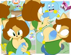 Rule 34 | 1boy, 1girl, breast sucking, breasts, chao (sonic), cleavage, dreaming, furry, green shirt, heart, heart-shaped pupils, huge breasts, large penis, original, paizuri, penis, shirt, size difference, sleeping, slickehedge, sonia the hedgehog, sonic (series), surprised, symbol-shaped pupils, tongue, tongue out, veins, veiny penis