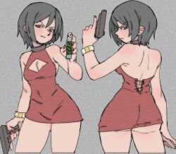 1girl ada_wong alternate_costume ass black_hair bracelet breasts brown_eyes cleavage cleavage_cutout clothing_cutout contrapposto dress gluteal_fold gun handgun holding holding_gun holding_weapon jewelry medium_breasts microdress pantsu-ripper resident_evil resident_evil_4 short_hair smile thick_thighs thighs trigger_discipline weapon wide_hips