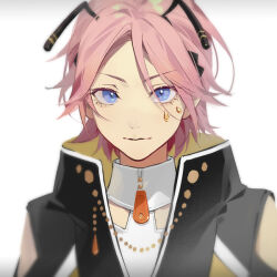 Rule 34 | 1boy, bee hair ornament, blue eyes, blurry, blurry foreground, closed mouth, collar, ensemble stars!, eyokiki, hair ornament, light smile, looking at viewer, male focus, oukawa kohaku, parted bangs, purple hair, simple background, smile, white background