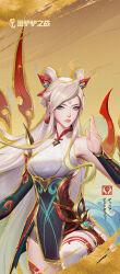 1girl absurdres bare_shoulders earrings facial_mark forehead_mark green_eyes hair_ornament highres irelia jewelry league_of_legends long_hair mythmaker_irelia official_alternate_costume official_art sidelocks teamfight_tactics very_long_hair white_hair