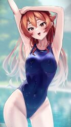 1girl arm_over_head armpits blue_one-piece_swimsuit blurry blurry_background blush bow breasts covered_navel eris_greyrat groin highleg highleg_one-piece_swimsuit highres ichi854 lake large_breasts lens_flare looking_at_viewer mushoku_tensei one-piece_swimsuit open_mouth red_bow red_eyes red_hair smile solo stretching swimsuit triangle_mouth wet