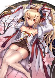 Rule 34 | 1girl, absurdres, armpits, arms up, ayanami (azur lane), ayanami (pulse of the new year) (azur lane), azur lane, blonde hair, breasts, cherry blossoms, cleavage, happy new year, highres, hikagen yoshio, new year, panties, red eyes, skindentation, solo, thighhighs, underwear, white panties, white thighhighs
