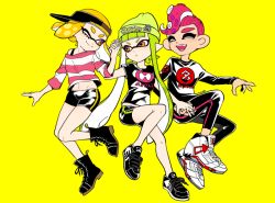 Rule 34 | 1boy, 2girls, :o, ;), ;d, agent 8 (splatoon), ankle boots, backwards hat, beanie, bike shorts, black footwear, black headwear, black leggings, black shirt, black shorts, blonde hair, blouse, blunt bangs, boots, bra strap, brown eyes, closed mouth, cross-laced footwear, fang, floating, green hair, green headwear, hat, high tops, holding hands, inkling, inkling girl, inkling player character, leggings, logo, long hair, long sleeves, looking at another, multiple girls, nintendo, octoling, octoling boy, octoling player character, off-shoulder shirt, off shoulder, one eye closed, open mouth, pointy ears, print shirt, red hair, red shirt, shirt, shoes, short hair, short sleeves, shorts, simple background, single vertical stripe, smile, sneakers, splatoon (series), splatoon 2, splatoon 2: octo expansion, squidbeak splatoon, striped clothes, striped shirt, suction cups, t-shirt, tentacle hair, visor cap, white footwear, yellow background, yeneny
