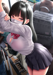 Rule 34 | 1girl, backpack, bag, bent over, black hair, black skirt, bow, bowtie, bra visible through clothes, breasts, cleavage, collared shirt, grabbing own arm, grey eyes, kase daiki, large breasts, long hair, long sleeves, looking at viewer, mask, mouth mask, open clothes, original, school uniform, see-through, shirt, shirt tucked in, sidelocks, skirt, solo focus, suitcase