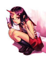Rule 34 | 1girl, bare arms, bare shoulders, black hair, chyko7080, glasses, horns, looking at viewer, oni, original, pointy ears, red eyes, revision, school uniform, serafuku, shirt, single horn, skirt, solo, squatting