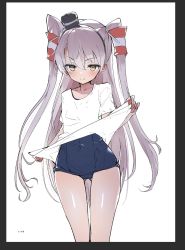 Rule 34 | 1girl, amatsukaze (kancolle), black border, blue one-piece swimsuit, blush, border, caburi, hair tubes, highres, kantai collection, long hair, one-piece swimsuit, shirt, short sleeves, silver hair, simple background, smile, solo, swimsuit, swimsuit under clothes, two side up, white background, white shirt, yellow eyes