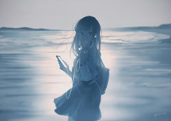 Rule 34 | 1girl, ajimita, artist name, backlighting, blouse, blue theme, cellphone, closed mouth, day, earbuds, earphones, from side, holding, holding phone, horizon, listening to music, long hair, long sleeves, looking at viewer, ocean, original, outdoors, phone, school uniform, serafuku, shirt, signature, skirt, smartphone, smile, solo