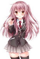Rule 34 | 1girl, :o, black thighhighs, blush, brown eyes, candy, chocolate, chocolate heart, food, grey skirt, heart, looking at viewer, nogi takayoshi, original, pink hair, pleated skirt, school uniform, side ponytail, simple background, skirt, solo, thighhighs, white background, zettai ryouiki