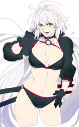 Rule 34 | 1girl, azusa (hws), bikini, black bikini, black choker, black gloves, black jacket, breasts, choker, collarbone, covered erect nipples, cropped jacket, cropped legs, fate/grand order, fate (series), gloves, groin tendon, hair between eyes, hand on own hip, hand up, jacket, jeanne d&#039;arc alter (fate), jeanne d&#039;arc alter (swimsuit berserker) (fate), katana, lifted by self, long hair, long sleeves, looking at viewer, lower teeth only, medium breasts, navel, o-ring, o-ring bikini, open mouth, popped collar, red trim, sheath, sheathed, signature, simple background, smile, solo, strap lift, swimsuit, sword, teeth, weapon, white background, white hair, yellow eyes