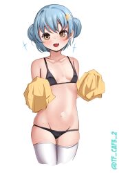 Rule 34 | 1girl, alternate costume, bare shoulders, bikini, black bikini, blue hair, breasts, brown eyes, commentary request, cowboy shot, double bun, hair bun, hair ornament, highres, holding, holding pom poms, kantai collection, navel, one-hour drawing challenge, pom pom (cheerleading), pom poms, samuel b. roberts (kancolle), short hair, simple background, small breasts, smile, solo, sparkle, star (symbol), star hair ornament, swimsuit, tf cafe, thighhighs, twitter username, white background, white thighhighs