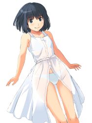 1girl absurdres bare_arms black_eyes black_hair blue_bra blue_panties blush bra clenched_teeth dress flat_chest gluteal_fold highres kimi_kiss looking_at_viewer panties see-through_clothes see-through_dress shijou_mitsuki short_hair simple_background sleeveless sleeveless_dress solo standing takenoko_saba_otto teeth underwear white_background white_dress