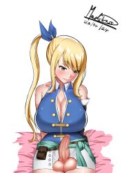 Rule 34 | 1girl, artist name, blonde hair, blush, breasts, brown eyes, cleavage, cleavage cutout, closed mouth, clothing cutout, collarbone, dated, erection, fairy tail, futanari, hair between eyes, hair ornament, hair over one eye, hair ribbon, highres, huge breasts, jacket, large breasts, large testicles, long hair, long sleeves, looking at viewer, lucy heartfilia, madsdross, miniskirt, open clothes, open jacket, open shirt, parted lips, penis, penis out, ponytail, ribbon, side ponytail, skirt, solo, testicles, tight clothes, tight skirt, uncensored, very long hair, wide hips