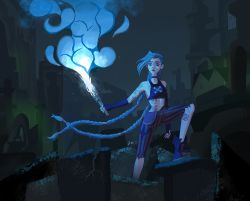 Rule 34 | 1girl, arcane: league of legends, arcane jinx, arm tattoo, asymmetrical bangs, asymmetrical gloves, bare shoulders, braid, closed mouth, cloud tattoo, crop top, fingerless gloves, gloves, hex bquez, highres, holding, jinx (league of legends), league of legends, long hair, navel, night, outdoors, pants, pink eyes, red lips, shoes, solo, standing, stomach, stomach tattoo, striped clothes, striped pants, tattoo, tears, torch, torn clothes, torn pants, twin braids, twintails, very long hair