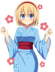 Rule 34 | 1girl, alice margatroid, alternate costume, blonde hair, blue eyes, blue kimono, blush, breasts, clenched hands, commentary request, cowboy shot, enushi (toho193), floral print, hair between eyes, hairband, hands up, highres, japanese clothes, kimono, long sleeves, looking at viewer, medium breasts, obi, red hairband, red sash, sash, short hair, simple background, smile, solo, standing, touhou, white background, wide sleeves