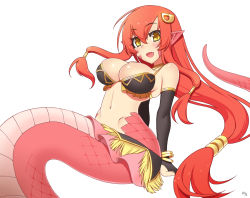 Rule 34 | 10s, 1girl, :d, breasts, cleavage, elbow gloves, fang, gloves, kuroonehalf, lamia, large breasts, long hair, low-tied long hair, miia (monster musume), monster girl, monster musume no iru nichijou, navel, open mouth, pointy ears, red hair, scales, sidelocks, signature, simple background, slit pupils, smile, snake tail, solo, stomach, tail, very long hair, white background, yellow eyes