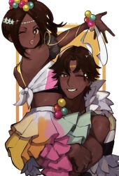 Rule 34 | 1boy, 1girl, back, bare shoulders, breasts, brother and sister, carrying, dark-skinned female, dark skin, feather trim, fire emblem, fire emblem engage, fogado (fire emblem), hair ornament, highres, jewelry, lifting another&#039;s clothes, long hair, looking at viewer, looking back, medium breasts, nintendo, open mouth, parted bangs, seinikuten, siblings, smile, star-shaped pupils, star (symbol), symbol-shaped pupils, timerra (fire emblem), very dark skin