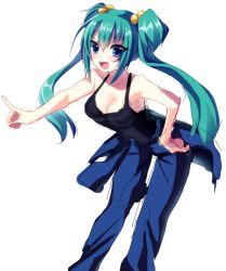 Rule 34 | 1girl, :d, armpits, bad id, bad pixiv id, bare shoulders, bent over, blue eyes, breasts, cleavage, cui yifei, denim, green hair, hair bobbles, hair ornament, hand on own hip, hikaru kirara, index finger raised, jeans, looking at viewer, muv-luv, open mouth, pants, shirt, simple background, sketch, sleeveless, sleeveless shirt, smile, tareme, twintails, white background