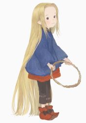 Rule 34 | 1girl, black bow, black pants, blonde hair, blouse, blue shirt, blunt ends, bow, brown eyes, capri pants, child, elf, footwear bow, forehead, from side, full body, hair behind ear, highres, holding, legs together, light blush, long hair, long sleeves, looking at viewer, looking to the side, matayoshi, no lineart, original, pants, parted bangs, pointy ears, pointy footwear, red footwear, shirt, shoes, sidelocks, simple background, smile, solo, standing, very long hair, wide sleeves
