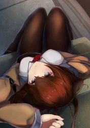 Rule 34 | 1girl, absurdres, belt, black pantyhose, breasts, brown hair, closed mouth, commentary request, dress shirt, from above, grey eyes, highres, jacket, pantyhose under shorts, long hair, looking up, makise kurisu, medium breasts, nanakaku, necktie, pantyhose, red necktie, shirt, shorts, sitting, solo, steins;gate, upside-down, white shirt