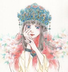 Rule 34 | 1girl, ayumu (fakecoral), black hair, blue eyes, blue headwear, bracelet, chinese clothes, closed mouth, flower, hair rings, hand on own face, hands up, highres, jewelry, juuni kokuki, lipstick, long hair, long sleeves, looking at viewer, makeup, nail polish, necklace, own hands together, phoenix crown, pink nails, red lips, ring, shushou (juuni kokuki), simple background, smile, solo, traditional media, upper body, white background
