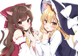Rule 34 | 2girls, :&lt;, :p, animal ear fluff, animal ears, ascot, bare shoulders, black hat, black vest, blonde hair, blush, bow, braid, brown eyes, brown hair, brown tail, cat ears, cat tail, closed mouth, detached sleeves, eyes visible through hair, frilled bow, frilled hair tubes, frilled hat, frills, hair bow, hair tubes, hakurei reimu, hand in another&#039;s hair, hand in own hair, hand on own face, hand up, hands up, hat, hat bow, highres, kemonomimi mode, kirisame marisa, long hair, long sleeves, looking at viewer, multiple girls, red bow, red shirt, shinonome asu, shirt, side braid, sidelocks, simple background, single braid, sleeve garter, sleeveless, sleeveless shirt, sweater, tail, tail raised, tongue, tongue out, touhou, turtleneck, turtleneck sweater, upper body, vest, white background, white bow, white sleeves, white sweater, wide sleeves, witch hat, yellow ascot, yellow eyes, yellow tail
