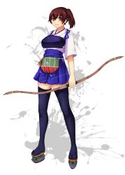 Rule 34 | 10s, 1girl, absurdres, black thighhighs, blue skirt, blush, bow (weapon), breasts, brown eyes, brown hair, clenched teeth, clog sandals, flight deck, full body, gloves, hakama, hakama short skirt, hakama skirt, hand on own hip, highres, hip vent, holding, holding bow (weapon), holding weapon, japanese clothes, kaga (kancolle), kantai collection, looking at viewer, medium breasts, muneate, okobo, partially fingerless gloves, partly fingerless gloves, sandals, short hair, short sleeves, side ponytail, skirt, solo, standing, tachi-e, tasuki, teeth, thighhighs, weapon, white background, yashichii, yugake, yumi (bow), zettai ryouiki