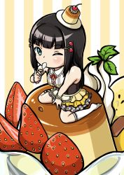 Rule 34 | 1girl, ;), absurdres, aqua eyes, artist name, artist request, black dress, black hair, blunt bangs, bow, bowtie, bracelet, breasts, buttons, cake hat, center frills, cherry hair ornament, chibi, collared dress, dress, female focus, food, food-themed hair ornament, frills, fruit, full body, green eyes, grey skirt, hair ornament, hairclip, hat, highres, hime cut, holding, holding spoon, jewelry, kurosawa dia, light brown skirt, long hair, looking at viewer, love live!, love live! school idol festival, love live! sunshine!!, medium breasts, mini hat, mole, mole under mouth, one eye closed, pearl bracelet, red bow, single wrist cuff, sitting, sitting on food, skirt, sleeveless, sleeveless dress, smile, solo, spoon, strawberry, white dress, white legwear, wink, wrist cuffs, yellow skirt