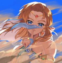 Rule 34 | 1boy, ao haruki, blonde hair, blue eyes, commentary request, crossdressing, earrings, gerudo set (zelda), highres, jewelry, link, long hair, looking at viewer, male focus, nintendo, open mouth, pointy ears, ring, smile, solo, the legend of zelda, the legend of zelda: breath of the wild