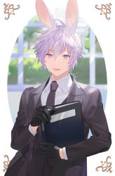 Rule 34 | 1boy, animal ears, black gloves, book, rabbit ears, formal, gloves, heiwa (murasiho), highres, holding, holding book, looking at viewer, male focus, open mouth, original, grey eyes, silver hair, solo, suit, window