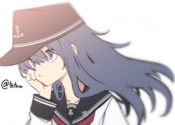 Rule 34 | akatsuki (kancolle), anchor symbol, badge, flat cap, from side, hair between eyes, hat, kantai collection, long hair, looking to the side, purple eyes, purple hair, school uniform, serafuku, simple background, solo, tetuw, twitter username, upper body, white background