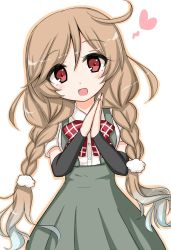 Rule 34 | 1girl, :d, arm warmers, blush, bow, braid, collared shirt, commentary request, cowboy shot, dress shirt, green skirt, hair between eyes, hair ornament, hands up, head tilt, heart, kantai collection, komakoma (magicaltale), light brown hair, long hair, looking at viewer, low twintails, minegumo (kancolle), open mouth, own hands together, palms together, plaid, plaid bow, pleated skirt, red bow, red eyes, school uniform, shirt, short sleeves, simple background, skirt, smile, solo, suspender skirt, suspenders, twin braids, twintails, very long hair, white background, white shirt