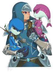 Rule 34 | 1girl, 2boys, alternate costume, armor, black gloves, blonde hair, blue bodysuit, blue eyes, blue hair, blue headwear, blue skin, bodysuit, branch, child, closed mouth, colored skin, cropped torso, facing another, fins, frown, gloves, green eyes, hat, highres, holding, holding branch, ivy (sena0119), jewelry, link, long hair, looking at another, looking at viewer, male focus, multiple boys, nintendo, official alternate costume, pink skin, pointy ears, smile, the legend of zelda, the legend of zelda: breath of the wild, white background, white skin, yellow eyes, zora, zora set (zelda)