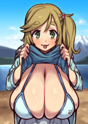 Rule 34 | 1girl, absurdres, beach, bikini, blonde hair, blue shirt, blue sky, blurry, blurry background, blush, breasts, clothes lift, green eyes, hair ornament, highres, huge breasts, inuyama aoi, leaning forward, long hair, looking at viewer, mountain, nikuatsu magician shinbo, outdoors, shirt, shirt lift, side ponytail, sky, solo, swimsuit, tongue, tongue out, white bikini, yurucamp